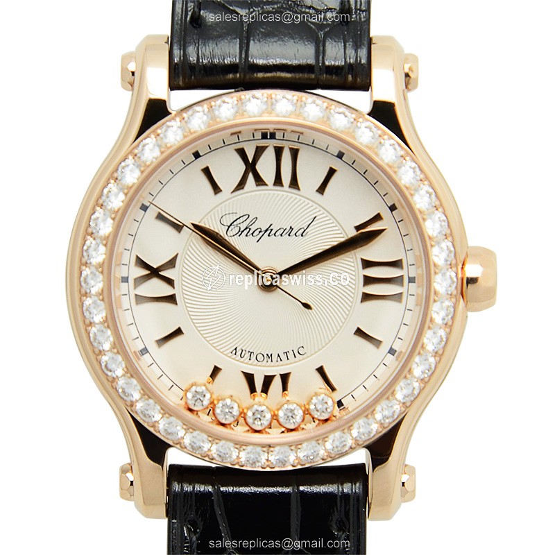 Chopard Happy Sport 274893-5002 - Auto 18kt Rose Gold & Diamonds - Silver Dial - Black Alligator Strap
